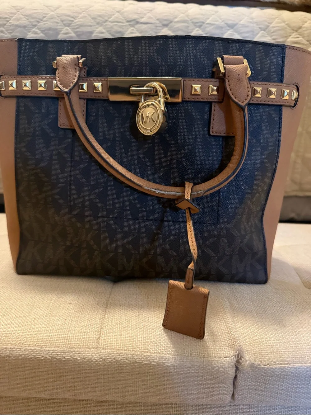 Michael Kors Black Logo Tote with Brown Trim and Gold Hardware